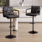 Hawsaiy Modern Bar Stools Set of 2, PU Leather Adjustable Swivel Bar Chairs with Armrests and Back, Hydraulic Counter Height Stools with Footrest for Kitchen Island, Dining Room, Bar, Black