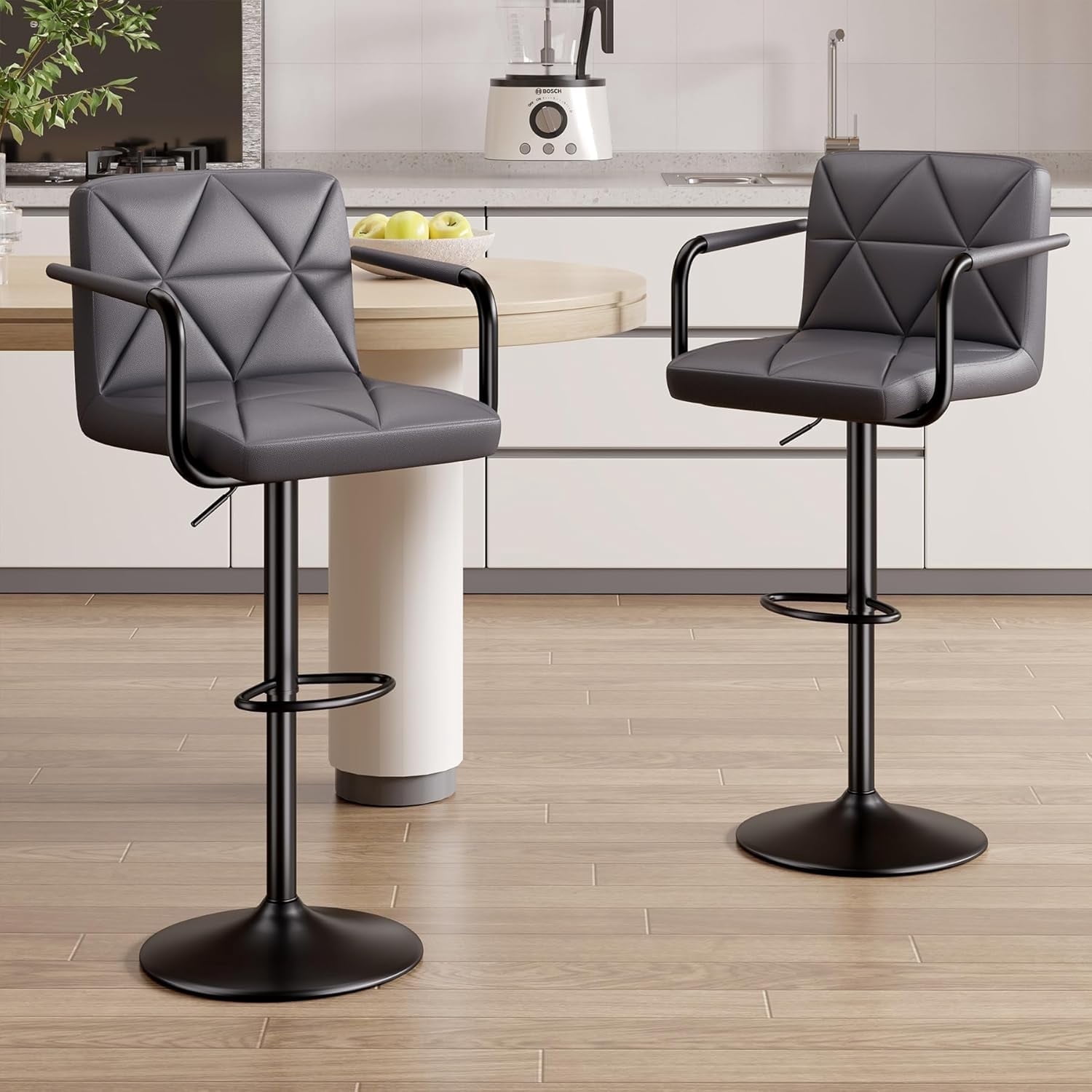 Hawsaiy Modern Bar Stools Set of 2, PU Leather Adjustable Swivel Bar Chairs with Armrests and Back, Hydraulic Counter Height Stools with Footrest for Kitchen Island, Dining Room, Bar, Dark Gray