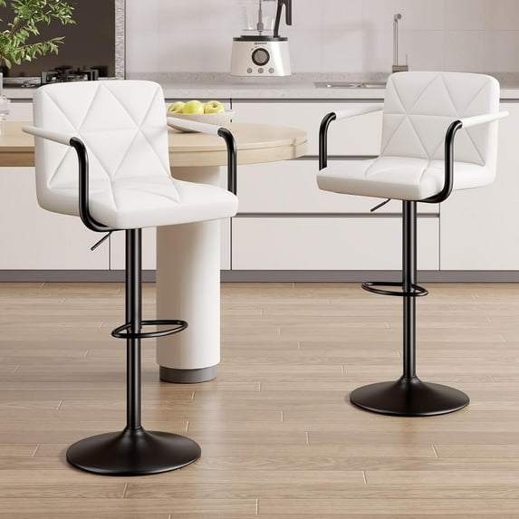 Hawsaiy Modern Bar Stools Set of 2, PU Leather Adjustable Swivel Bar Chairs with Armrests and Back, Hydraulic Counter Height Stools with Footrest for Kitchen Island, Dining Room, Bar, White