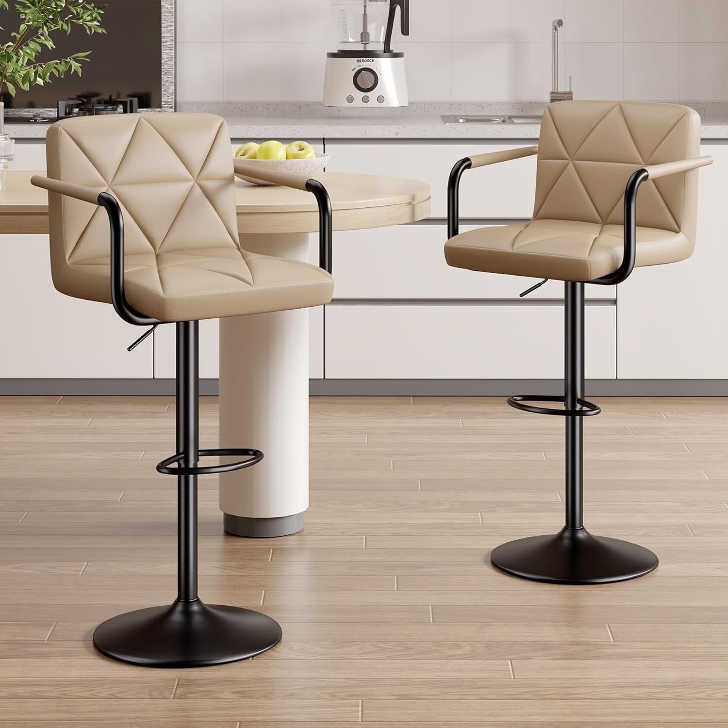 Hawsaiy Modern Bar Stools Set of 2, PU Leather Adjustable Swivel Bar Chairs with Armrests and Back, Hydraulic Counter Height Stools with Footrest for Kitchen Island, Dining Room, Bar, Khaki