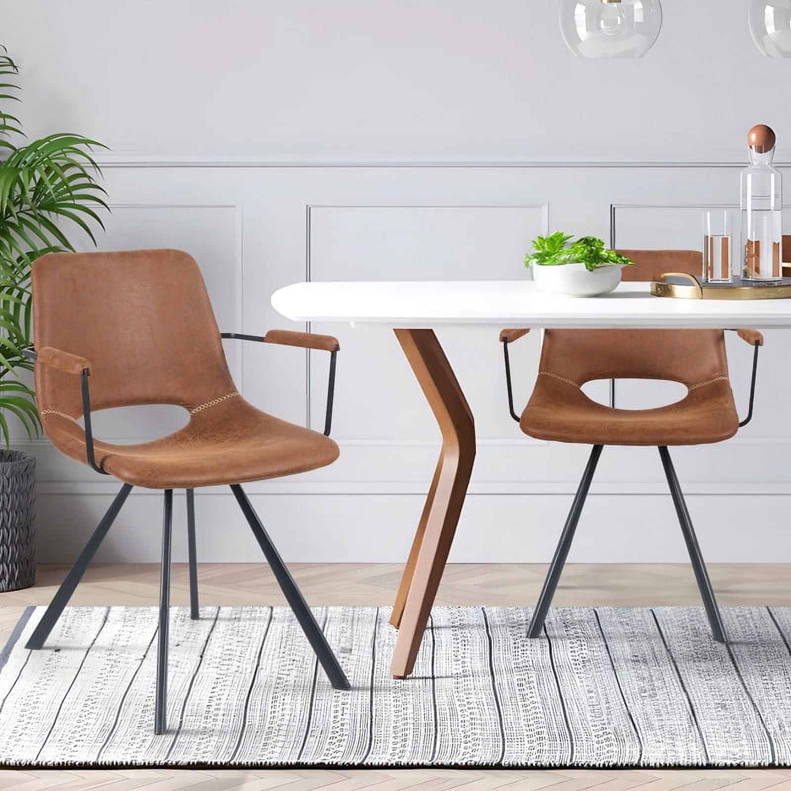 Hawsaiy PU Leather Dining Chairs Set of 2 with Armrests,Upholstered Kitchen Chairs with Backrest and Metal Legs for Dining Room or Living Room,Brown