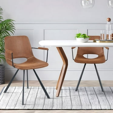 Hawsaiy PU Leather Dining Chairs Set of 2 with Armrests,Upholstered Kitchen Chairs with Backrest and Metal Legs for Dining Room or Living Room,Brown