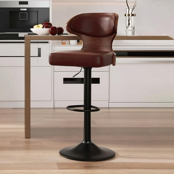 Hawsaiy Bar Stools Set of 1, Adjustable Height 24.5"-33.5", Bentwood Swivel Barstools with Back & Footrest, PU Leather Upholstered Bar Chairs for Kitchen Island, Dining Room, Home Bar