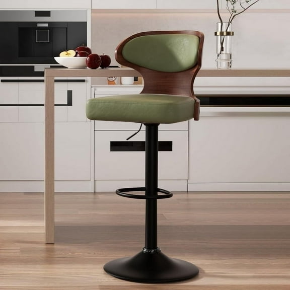 Hawsaiy Bar Stools Set of 1, Adjustable Height 24.5"-33.5", Bentwood Swivel Barstools with Back & Footrest, PU Leather Upholstered Bar Chairs for Kitchen Island, Dining Room, Home Bar