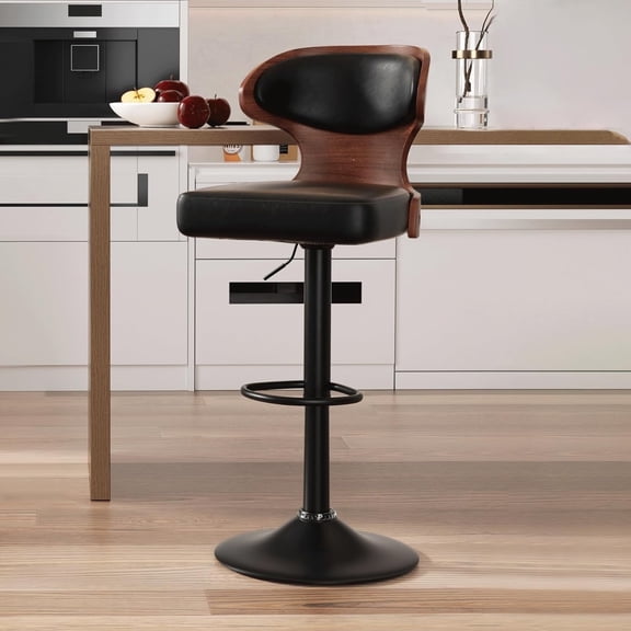 Hawsaiy Bar Stools Set of 1, Adjustable Height 24.5"-33.5", Bentwood Swivel Barstools with Back & Footrest, PU Leather Upholstered Bar Chairs for Kitchen Island, Dining Room, Home Bar