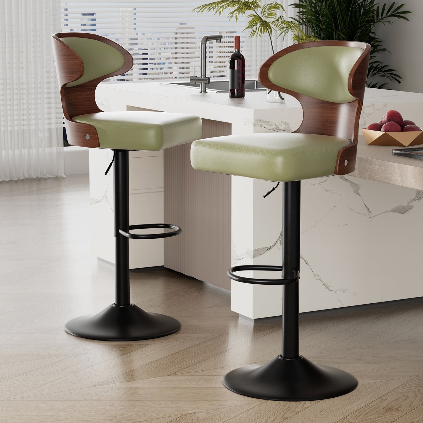 Hawsaiy Bar Stools Set of 2, Adjustable Height 24.5"-33.5", Bentwood Swivel Barstools with Back & Footrest, PU Leather Upholstered Bar Chairs for Kitchen Island, Dining Room, Home Bar
