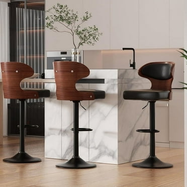 Hawsaiy Bar Stools Set of 3, Adjustable Height 24.5"-33.5", Bentwood Swivel Barstools with Back & Footrest, PU Leather Upholstered Bar Chairs for Kitchen Island, Dining Room, Home Bar