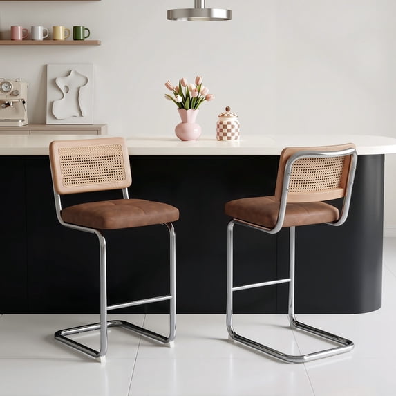 Hawsaiy Rattan Bar Stools Set of 2, 26" Counter Height Bar Stools with Solid Wood & Cane Back, Upholstered PU Leather Kitchen Island Stools with Chrome Metal Legs & Footrest, Brown