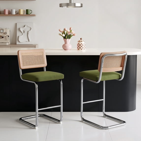 Hawsaiy Rattan Bar Stools Set of 2, 26" Counter Height Bar Stools with Solid Wood & Cane Back, Upholstered Velvet Kitchen Island Stools with Chrome Metal Legs & Footrest, Green