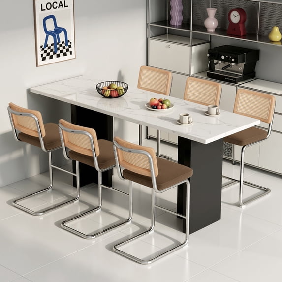 Hawsaiy Rattan Bar Stools Set of 6, 26" Counter Height Bar Stools with Solid Wood & Cane Back, Upholstered Velvet Kitchen Island Stools with Chrome Metal Legs & Footrest, Dark Brown