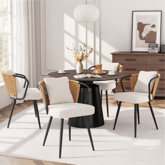 Hawsaiy Rattan Dining Chairs Set of 4, Upholstered Cane Back Kitchen Chairs with Metal Legs & Throw Pillow, Mid Century Modern Farmhouse Dining Room Chairs, Natural