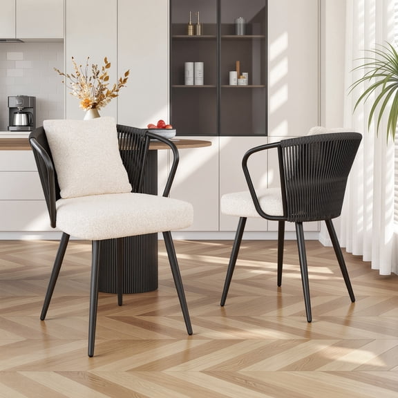 Hawsaiy Rope Woven Dining Chairs Set of 2, Upholstered Kitchen Chairs with Metal Legs & Throw Pillow, Mid Century Modern Accent Dining Room Chairs, Black