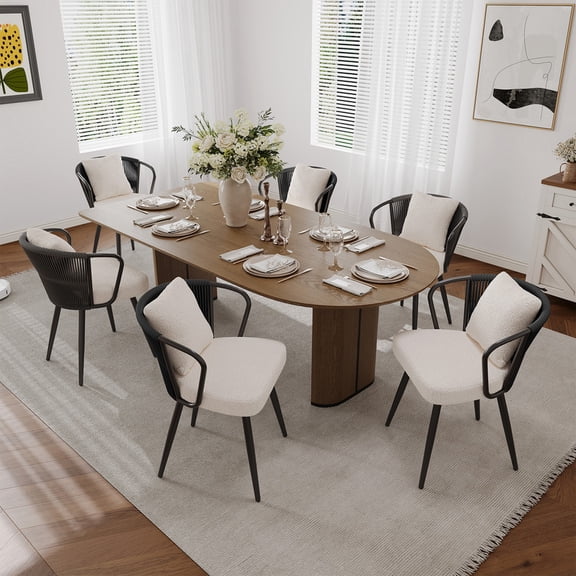 Hawsaiy Rope Woven Dining Chairs Set of 6, Upholstered Kitchen Chairs with Metal Legs & Throw Pillow, Mid Century Modern Accent Dining Room Chairs, Black