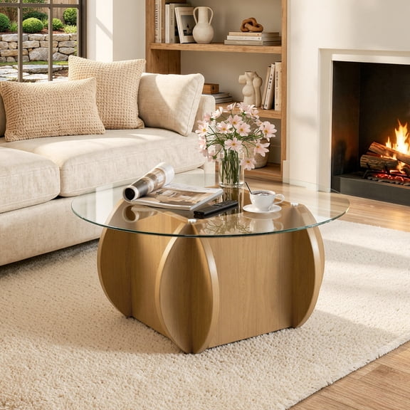 Hawsaiy Round Glass Coffee Table with Tempered Glass Top and Wood Base, Modern 30" Small Coffee Table for Living Room, Apartment, Office, Minimalist Center Table, Natural