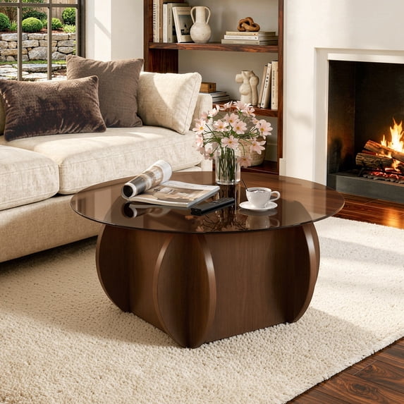 Hawsaiy Round Glass Coffee Table with Tempered Glass Top and Wood Base, Modern 30" Small Coffee Table for Living Room, Apartment, Office, Minimalist Center Table, Walnut