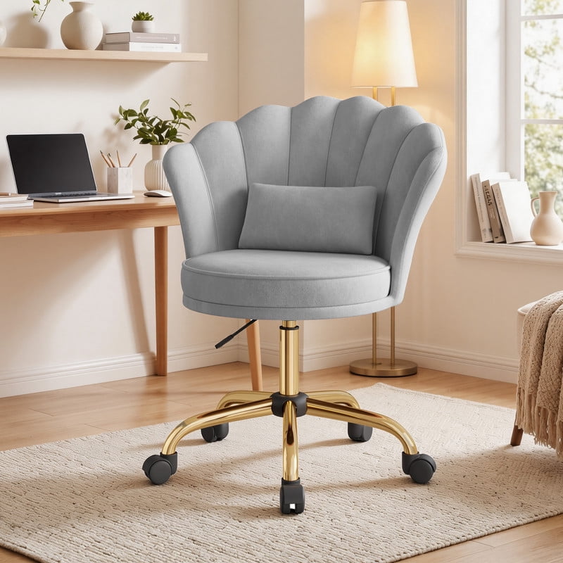 Hawsaiy Shell Back Home Office Chair with Lumbar Pillow, Modern Upholstered Desk Chair with Gold Metal Base, Swivel Adjustable Computer Chair for Home Office, Gray