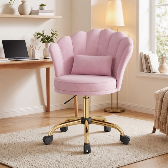 Hawsaiy Shell Back Home Office Chair with Lumbar Pillow, Modern Upholstered Desk Chair with Gold Metal Base, Swivel Adjustable Computer Chair for Home Office, Pink