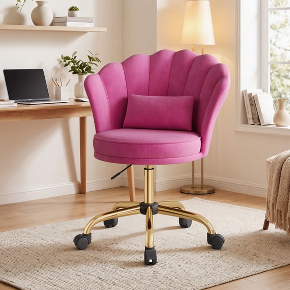 Hawsaiy Shell Back Home Office Chair with Lumbar Pillow, Modern Upholstered Desk Chair with Gold Metal Base, Swivel Adjustable Computer Chair for Home Office, Rose Red