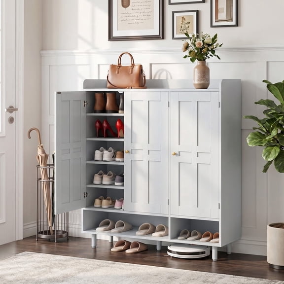 Hawsaiy Shoe Cabinet with 3 Doors, 6 Adjustable Shelves, Shoe Storage Cabinet for 24–30 Pairs, Modern Farmhouse Entryway Shoe Organizer with Open Bottom Shelf, White
