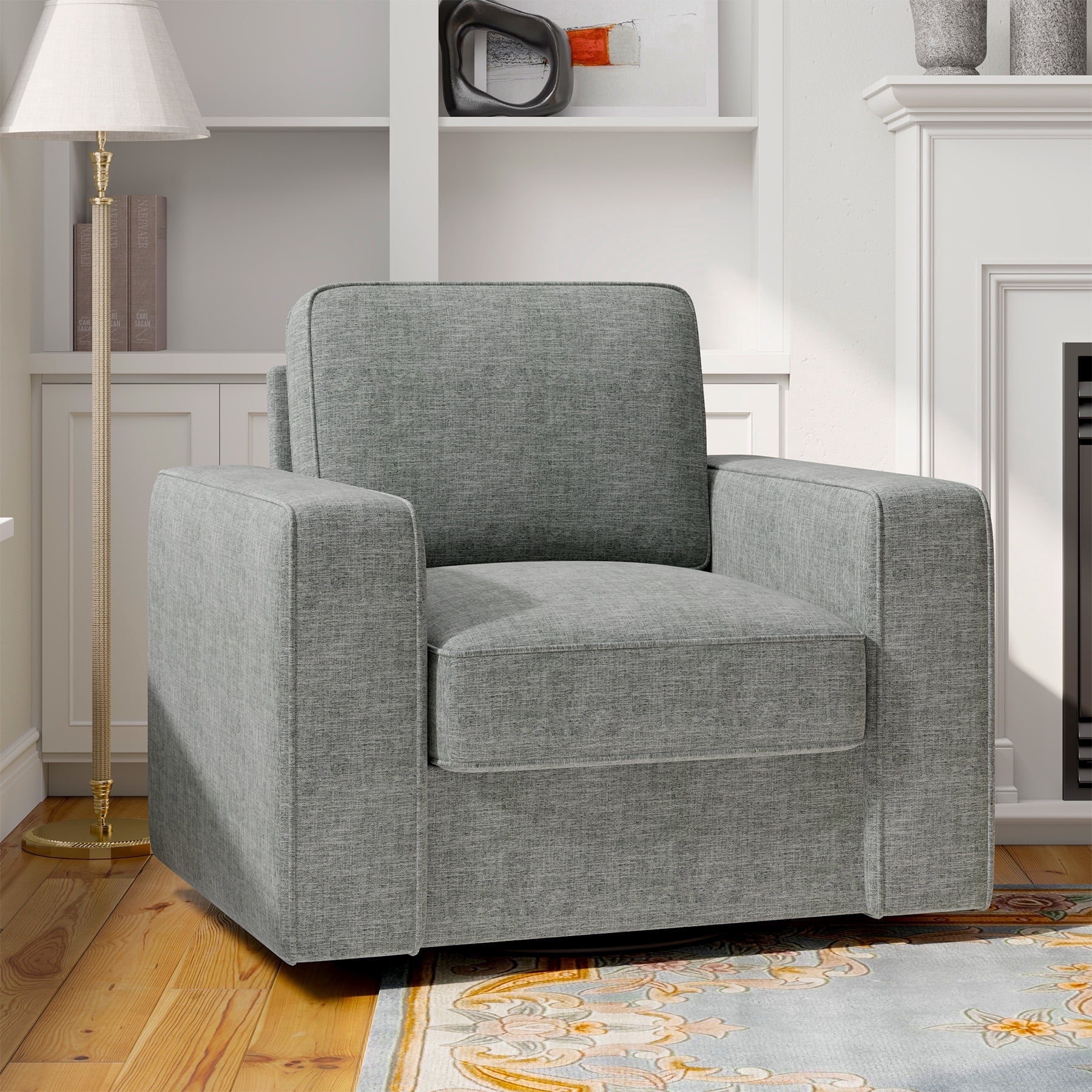 Hawsaiy Swivel Accent Chair, Mid-Century Modern Linen Armchair with Extra Wide Armrests, Comfy Single Sofa Chair for Living Room, Bedroom, Office,Gray