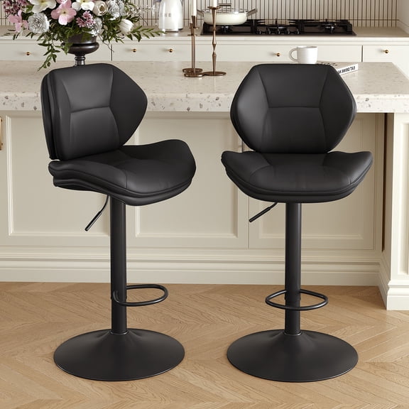 Hawsaiy Swivel Bar Stools Set of 2, Adjustable Height Faux Leather Bar Stools with Back, Double-Layer Upholstered Counter Height Bar Chairs for Kitchen Island, Black