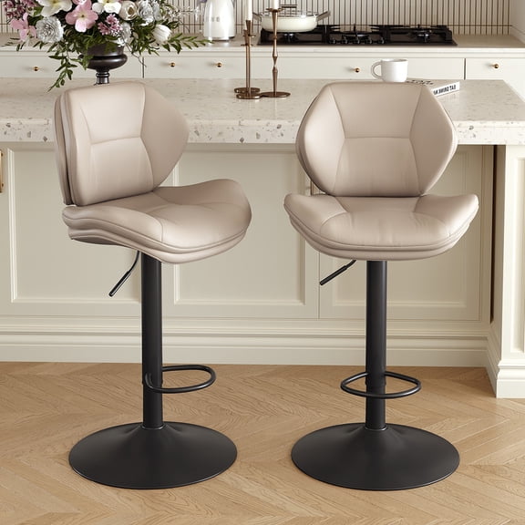 Hawsaiy Swivel Bar Stools Set of 2, Adjustable Height Faux Leather Bar Stools with Back, Double-Layer Upholstered Counter Height Bar Chairs for Kitchen Island, Khaki