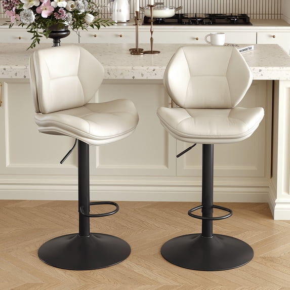 Hawsaiy Swivel Bar Stools Set of 2, Adjustable Height Faux Leather Bar Stools with Back, Double-Layer Upholstered Counter Height Bar Chairs for Kitchen Island, White