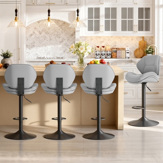 Hawsaiy Swivel Bar Stools Set of 4, Adjustable Height Faux Leather Bar Stools with Back, Double-Layer Upholstered Counter Height Bar Chairs for Kitchen Island, Gray