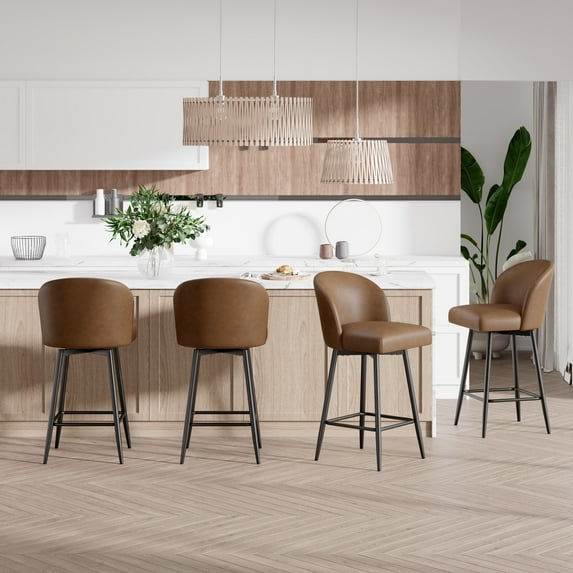 Hawsaiy Swivel Bar Stools Set of 4, 27.5" PU Leather Bar Chairs with High Back & Metal Legs for Kitchen Island & Dining Room