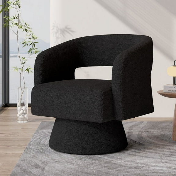 Hawsaiy Swivel Barrel Accent Chair, Oversized Teddy Upholstered Armchair with 360° Rotation, Modern Comfy Lounge Chair for Living Room, Bedroom, Office, Black(1Pcs)