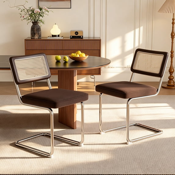 Hawsaiy Velvet Rattan Dining Chairs Set of 2, Upholstered Dining Room Chairs with Cane Back, Mid Century Modern Cantilever Kitchen Chairs, Chrome Frame Armless Side Chairs, Brown