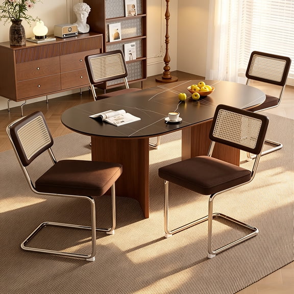 Hawsaiy Velvet Rattan Dining Chairs Set of 4, Upholstered Dining Room Chairs with Cane Back, Mid Century Modern Cantilever Kitchen Chairs, Chrome Frame Armless Side Chairs, Brown
