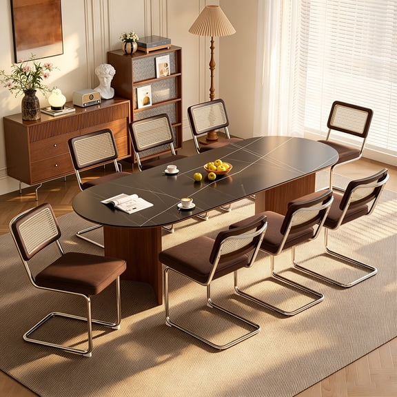 Hawsaiy Velvet Rattan Dining Chairs Set of 8, Upholstered Dining Room Chairs with Cane Back, Mid Century Modern Cantilever Kitchen Chairs, Chrome Frame Armless Side Chairs, Brown