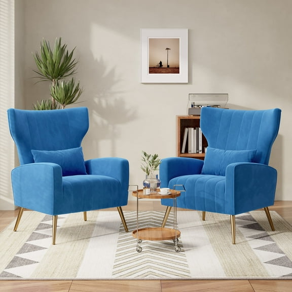 Hawsaiy Velvet Wingback Accent Chair Set of 2 with Golden Legs and Lumbar Pillow, High Back Upholstered Armchair for Living Room or Bedroom，Blue