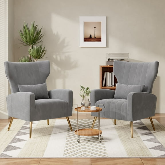 Hawsaiy Velvet Wingback Accent Chair Set of 2 with Golden Legs and Lumbar Pillow, High Back Upholstered Armchair for Living Room or Bedroom，Gray