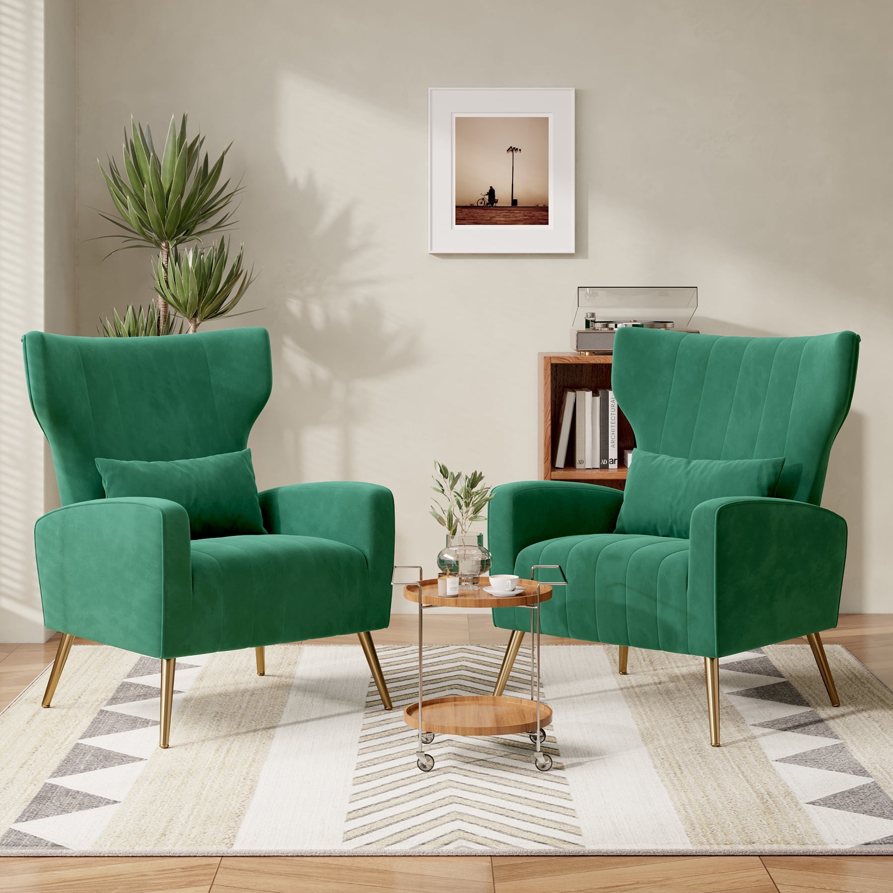 Green Velvet Wingback Accent Chair with Gold Metal Legs