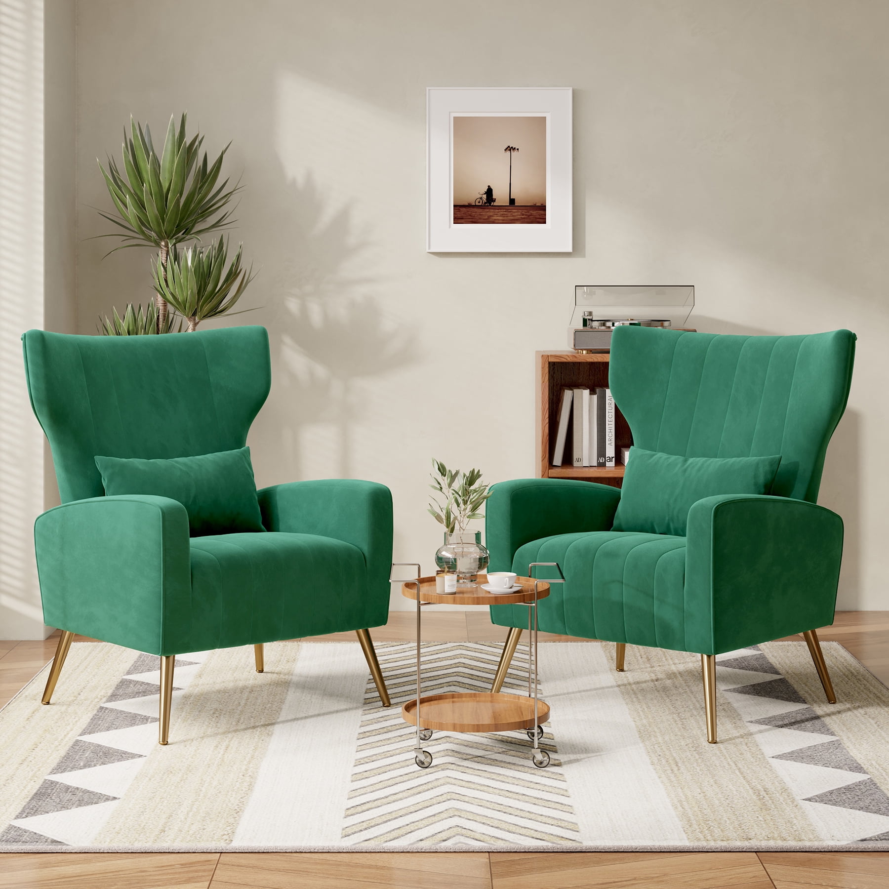 Green Velvet Wingback Accent Chair with Gold Metal Legs