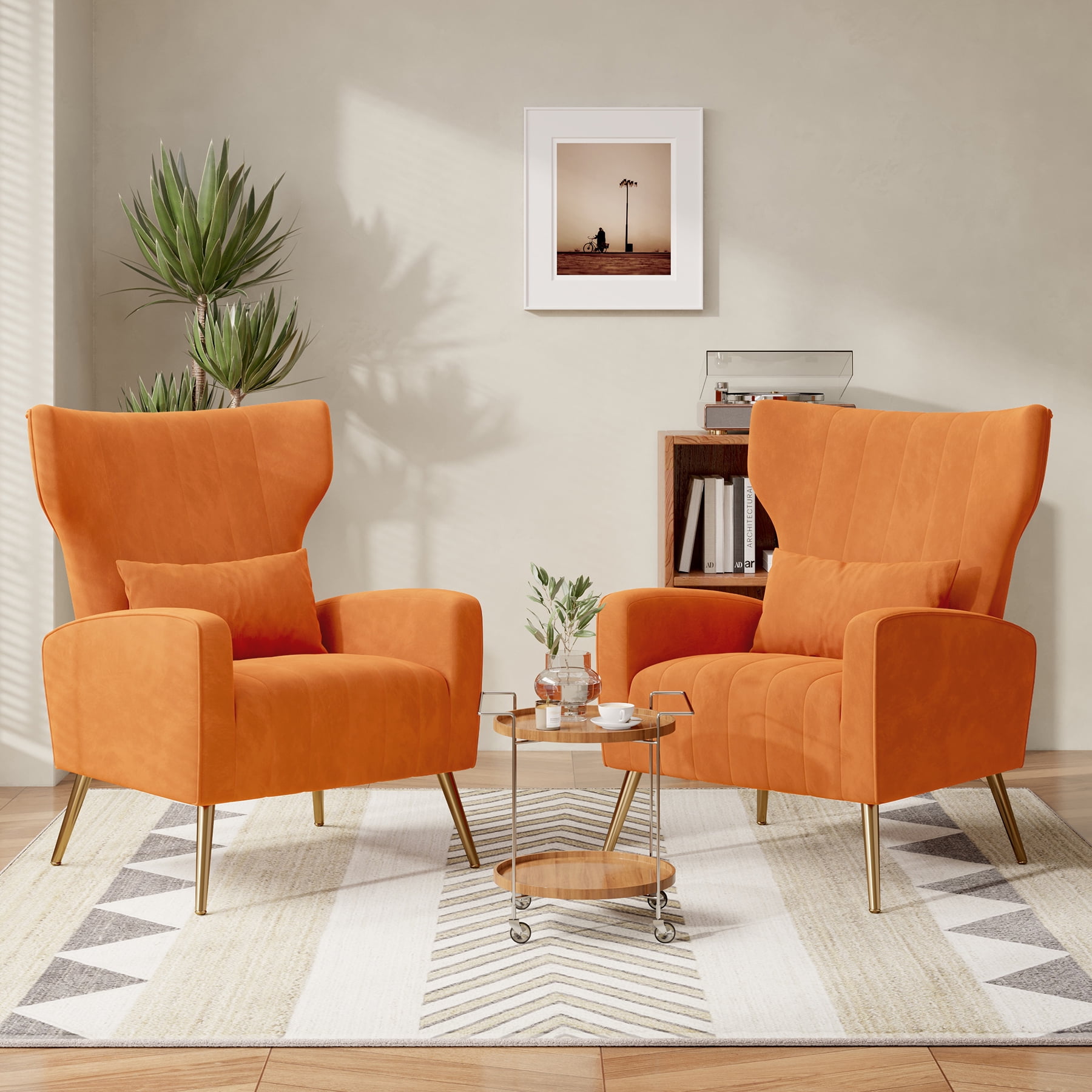 Set of 2 Orange Velvet Wingback Accent Chairs with Gold Metal Legs