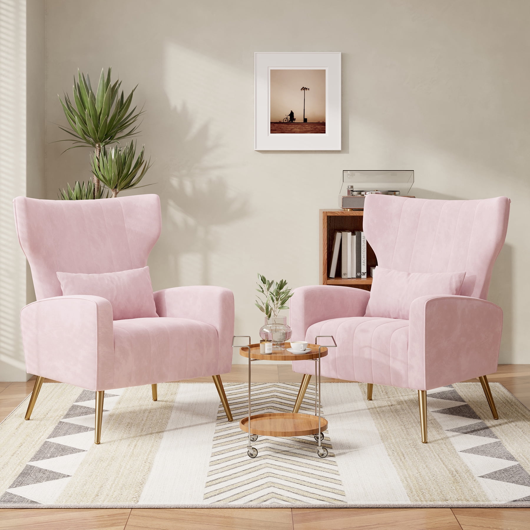 Hawsaiy Velvet Wingback Accent Chair Set of 2 with Golden Legs and Lumbar Pillow, High Back Upholstered Armchair for Living Room or Bedroom，Pink