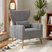 Hawsaiy Velvet Wingback Accent Chair with Golden Legs and Lumbar Pillow, High Back Upholstered Armchair for Living Room or Bedroom, Gray