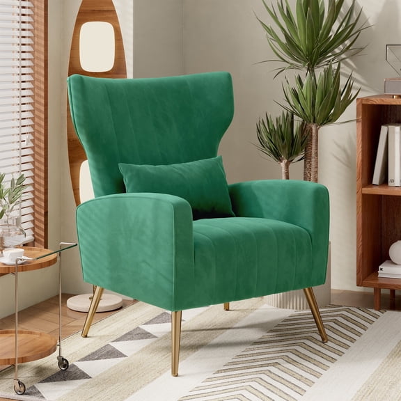 Hawsaiy Velvet Wingback Accent Chair with Golden Legs and Lumbar Pillow, High Back Upholstered Armchair for Living Room or Bedroom,Green