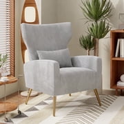 Hawsaiy Velvet Wingback Accent Chair with Golden Legs and Lumbar Pillow, High Back Upholstered Armchair for Living Room or Bedroom Light Gray