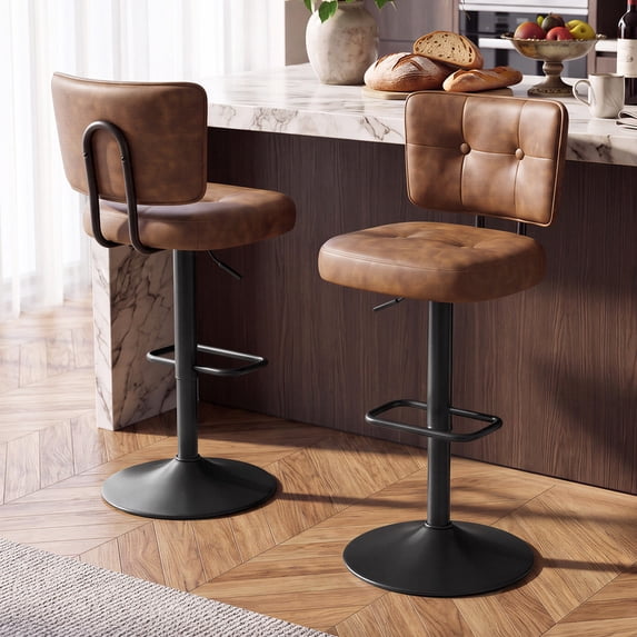 Hawsaiy Vintage Bar Stools Set of 2, Adjustable Swivel Counter Height Barstools, Tufted Faux Leather Kitchen Island Chairs with Footrest, Brown