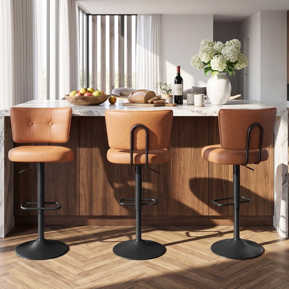 Hawsaiy Vintage Bar Stools Set of 3, Adjustable Swivel Counter Height Barstools, Tufted Faux Leather Kitchen Island Chairs with Footrest, Orange