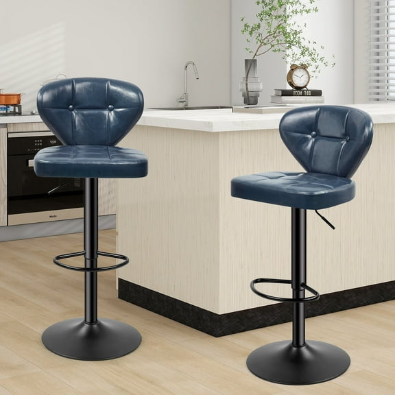 Hawsaiy Vintage Style Leather Bar Stool Set of 2 with Button-Tufted Design,Blue