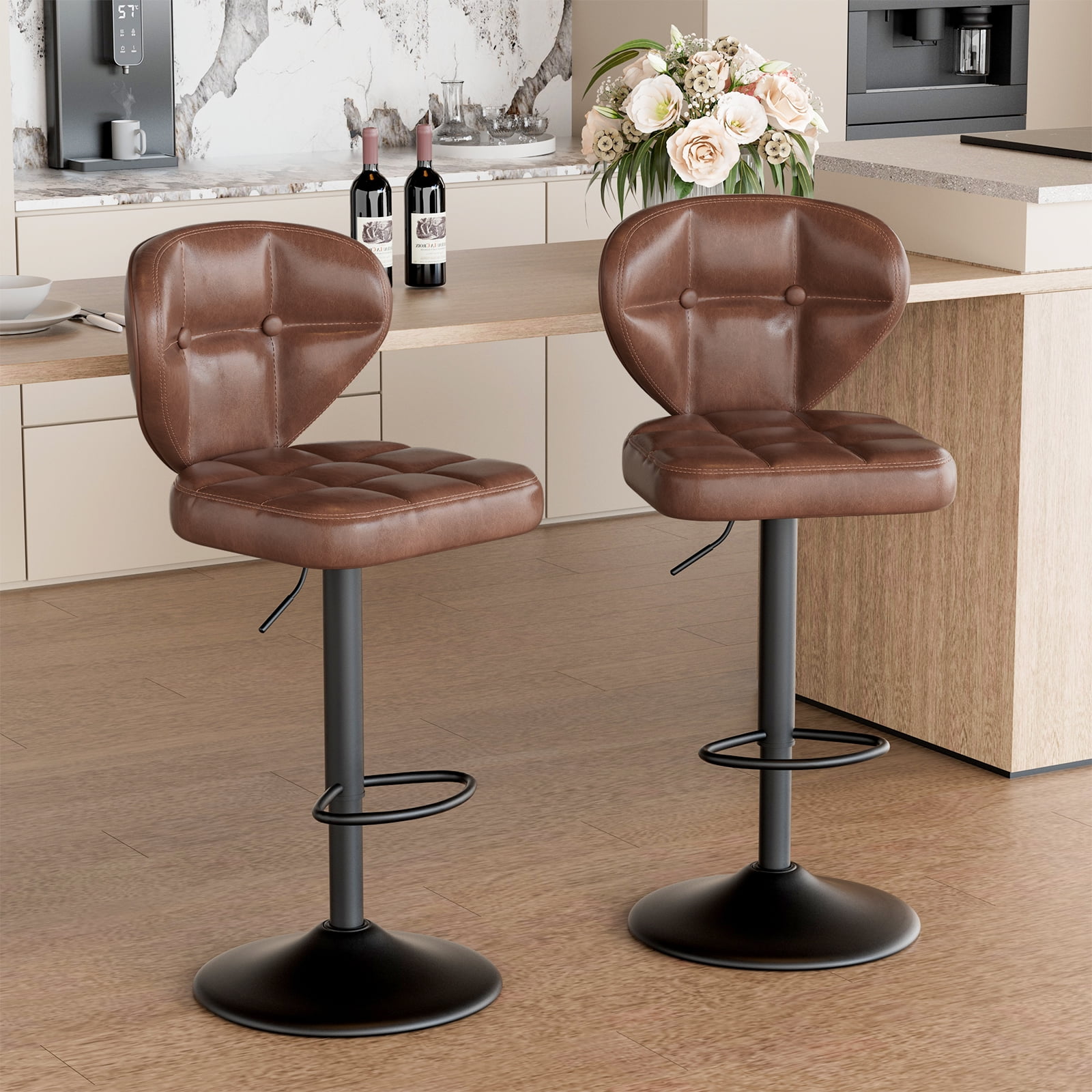 Hawsaiy Vintage Style Leather Bar Stool Set of 2 with Button-Tufted Design,Brown