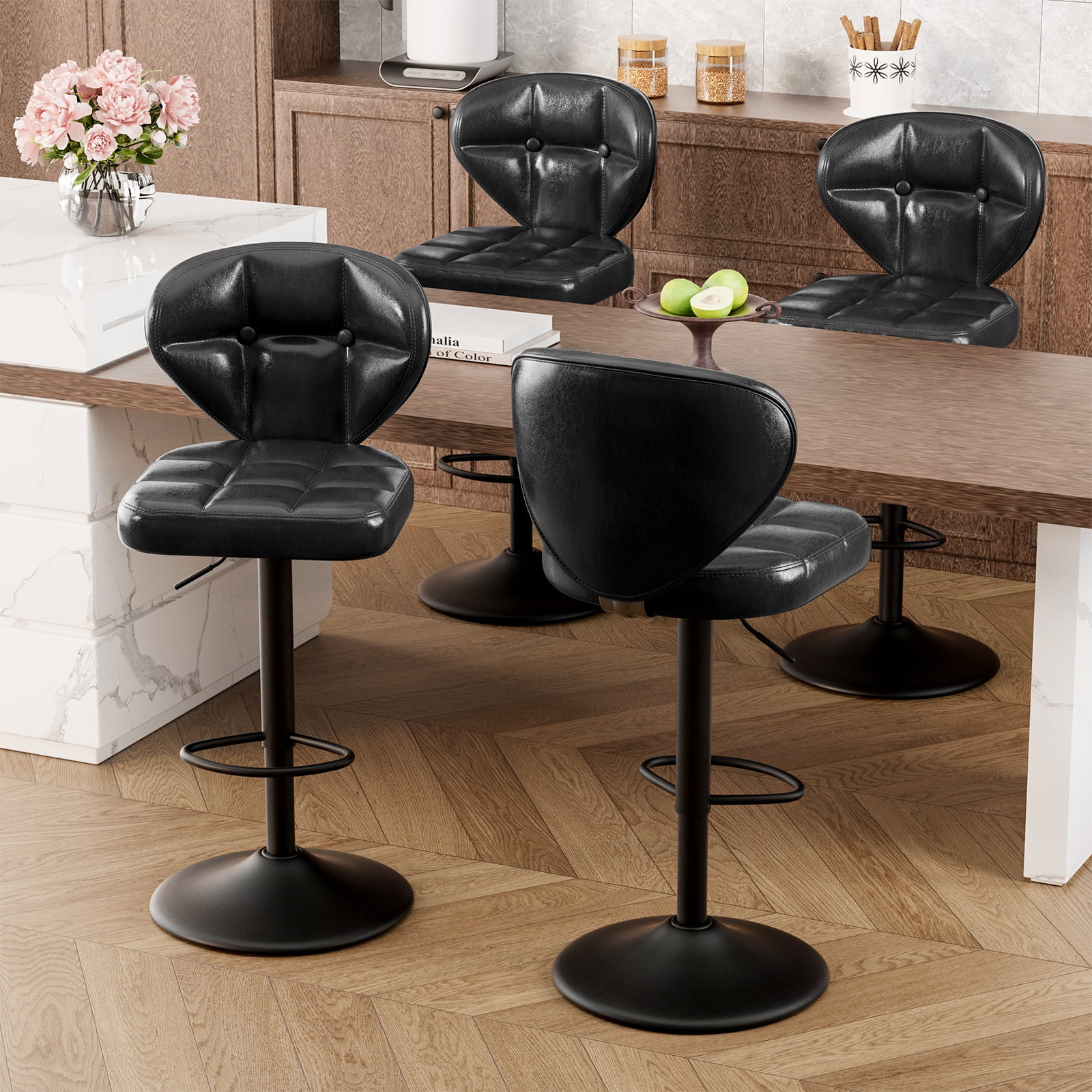 Hawsaiy Vintage Style Leather Bar Stool Set of 4 with Button-Tufted Design,Black