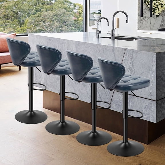 Hawsaiy Vintage Style Leather Bar Stool Set of 4 with Button-Tufted Design,Blue