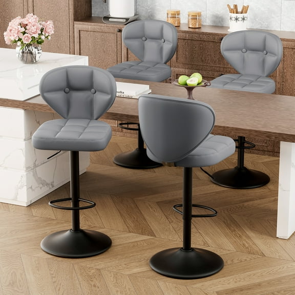 Hawsaiy Vintage Style Leather Bar Stool Set of 4 with Button-Tufted Design,Dark Gray