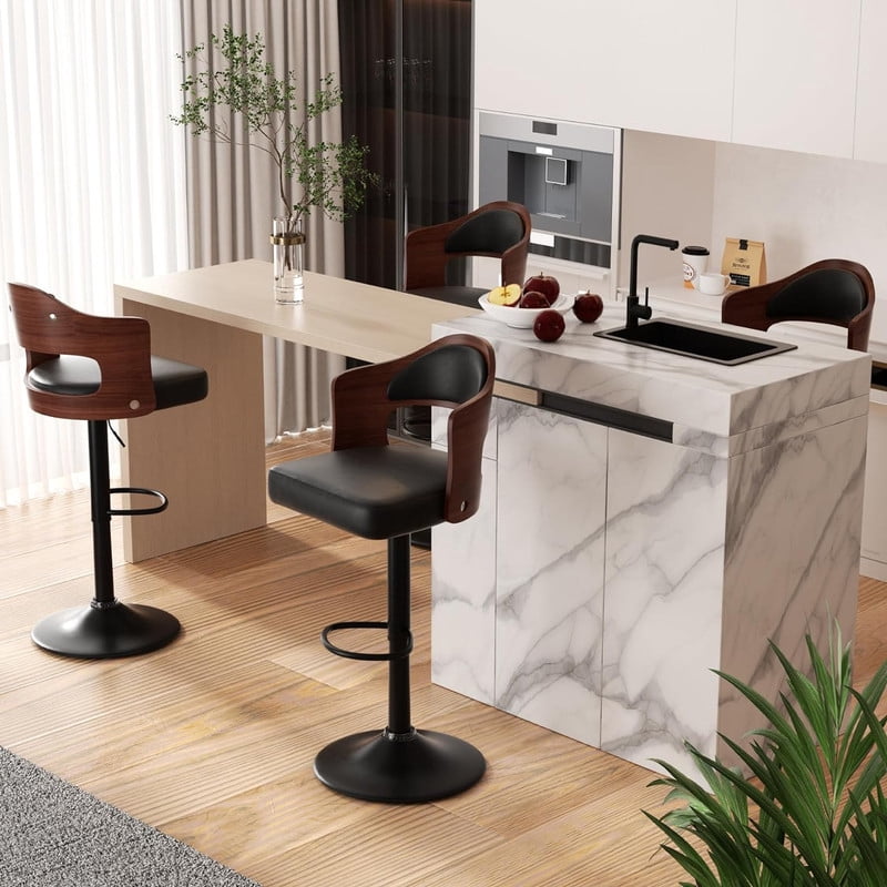 Hawsaiy Wooden Bar Stools Set of 4, Adjustable Height 24.5-33.5IN, Wooden Bar Chairs with PU Leather Upholstery, Back & Footrest for Kitchen, Dining, and Home Bar